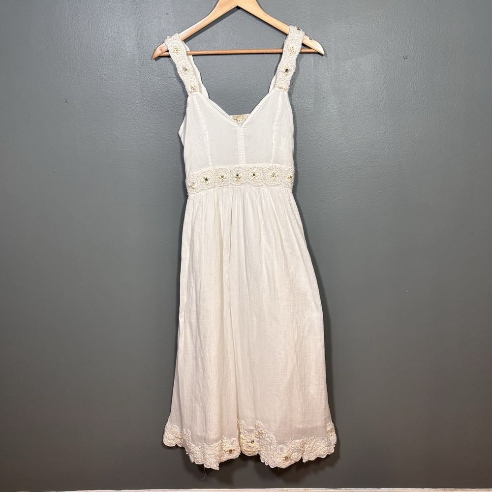 White Midi Dress Womens Small Beaded Embroidery Bridal Cottage Boho Garden Party